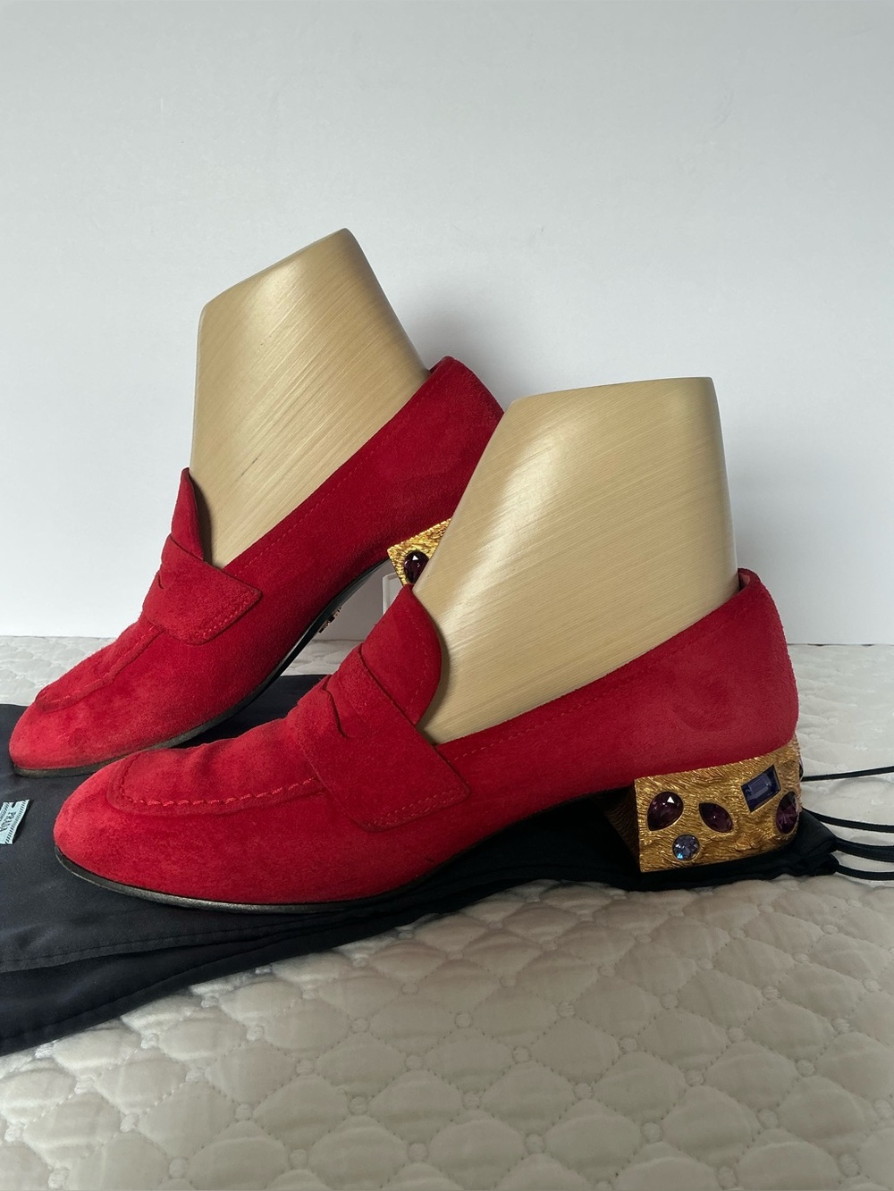Prada Red Suede Jeweled Block Heel Loafers Rosso Amoscio Crystal Gold 39